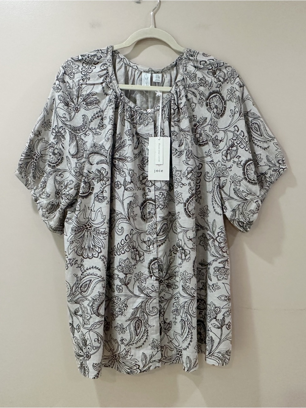 Joie Linen Brown  Floral Blouse Gathered Neck Button Front Womens Plus 2X NWT